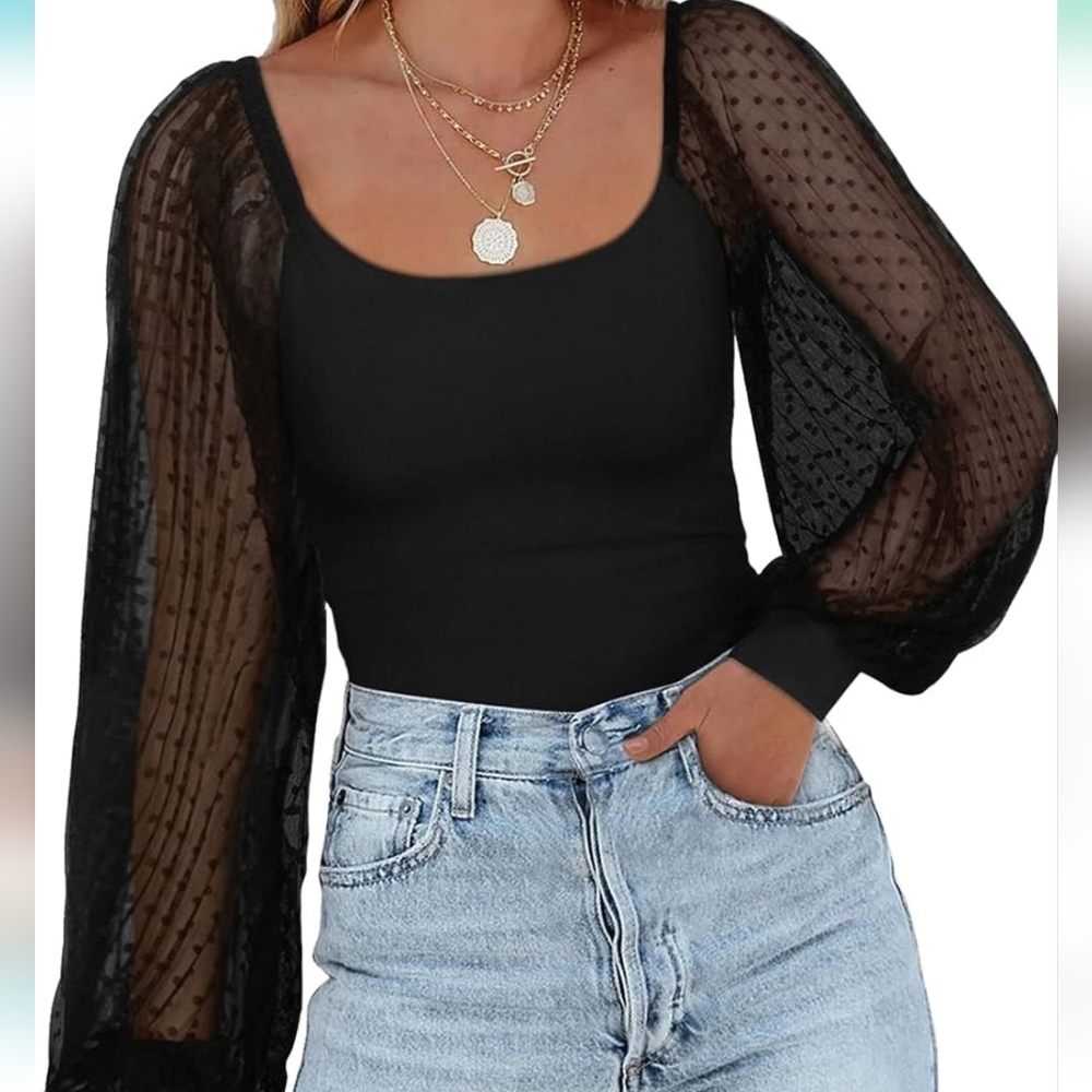 Women's Square Neck Long Sleeve Bodysuit Polka Dots Tops Sheer Basic Jumpsuit